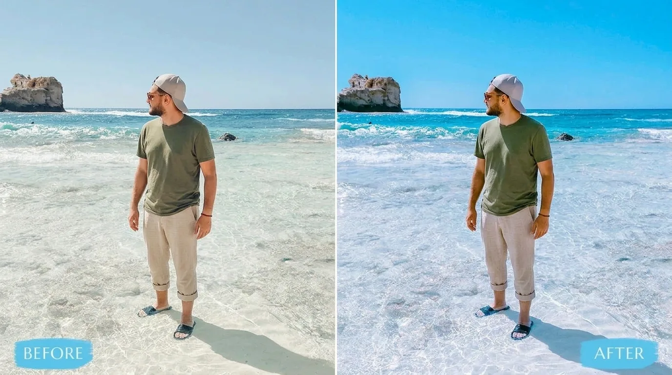 Beach travel photo before and after LUT color grading showing richer blues