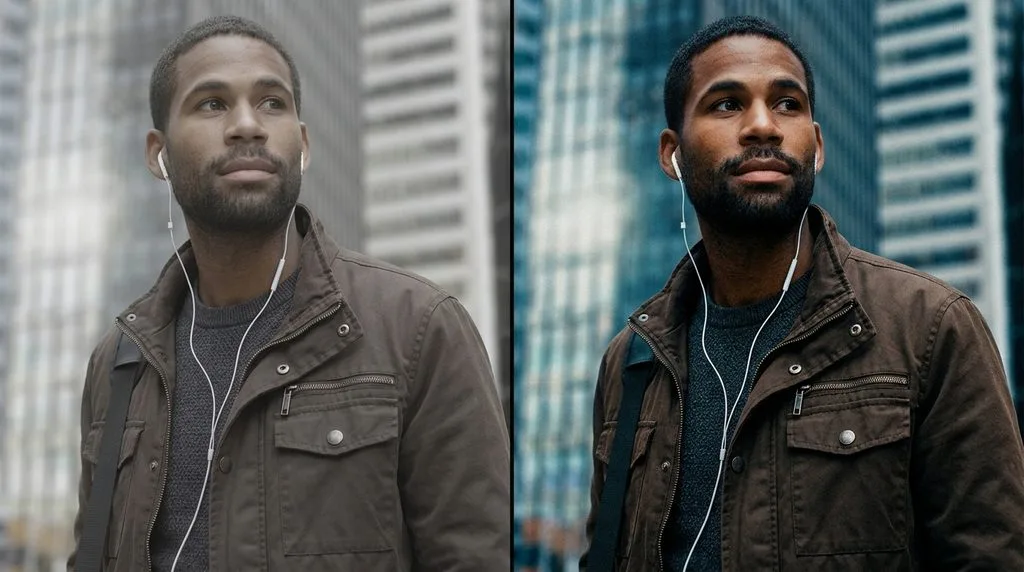 Before and after color grading showing a flat portrait transformed into a cinematic image