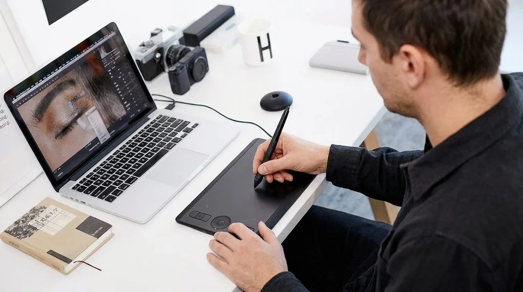 Professional retoucher working on a Wacom tablet with portrait on screen