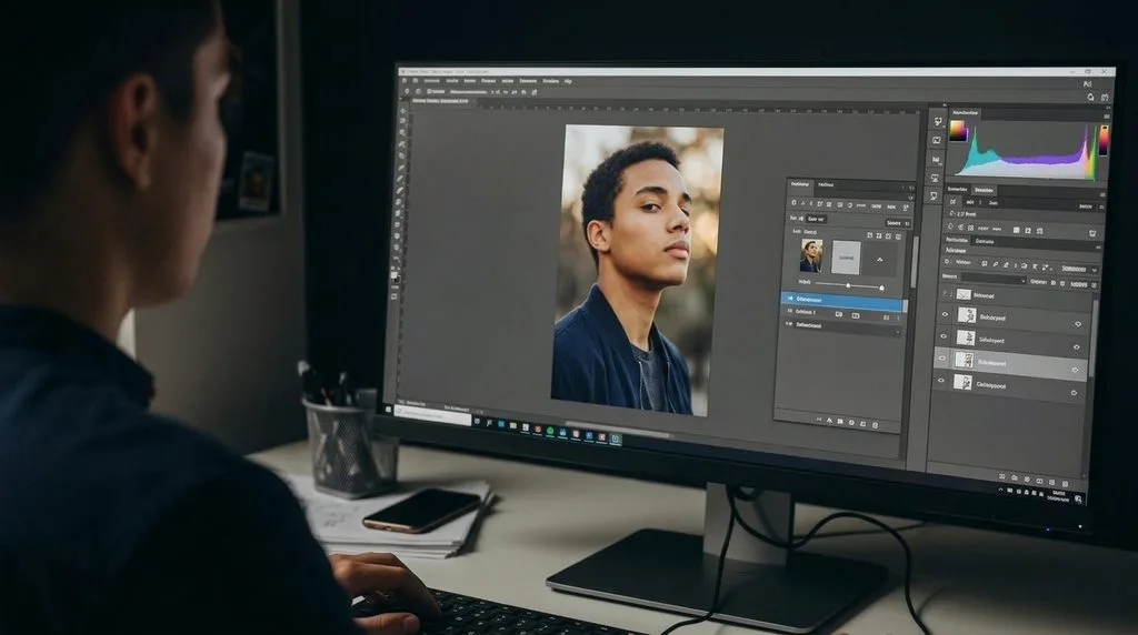 Professional retoucher working on portrait in Photoshop studio