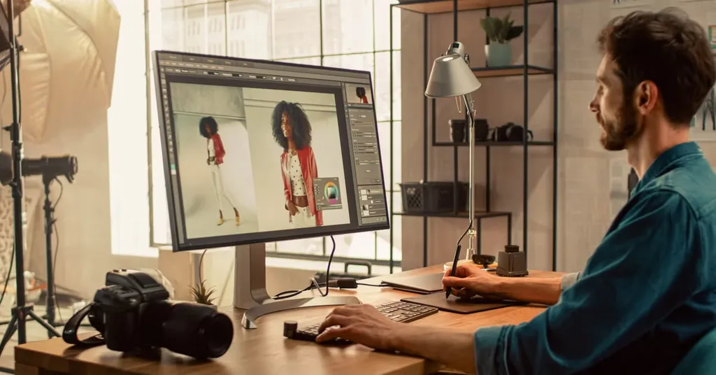 Professional photo editor working in Photoshop on a large monitor