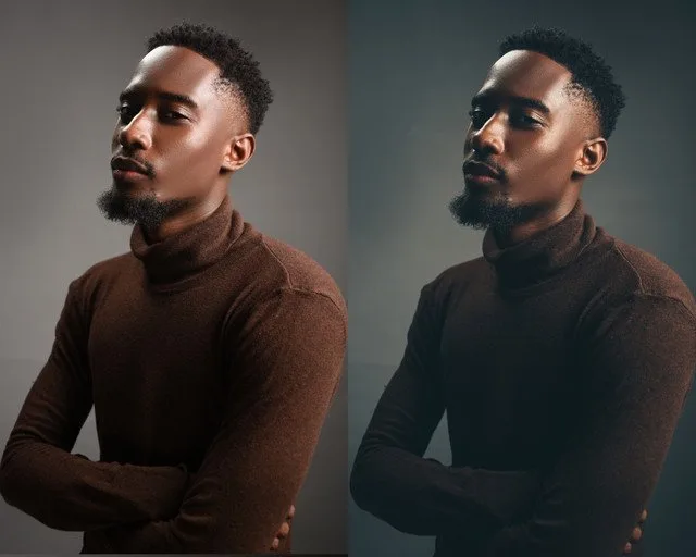 Portrait photo before and after color grading showing dramatic mood shift