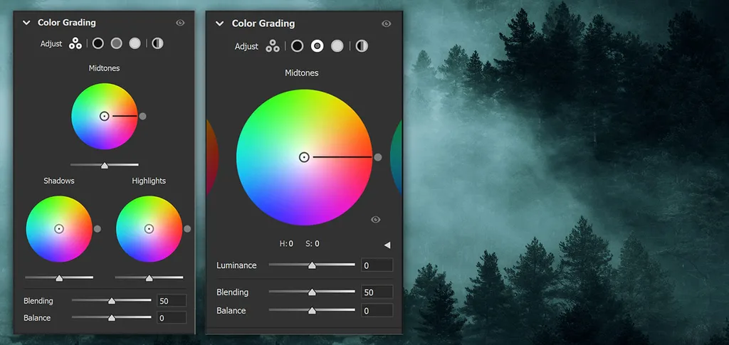Lightroom Color Grading panel showing three color wheels for highlights midtones shadows