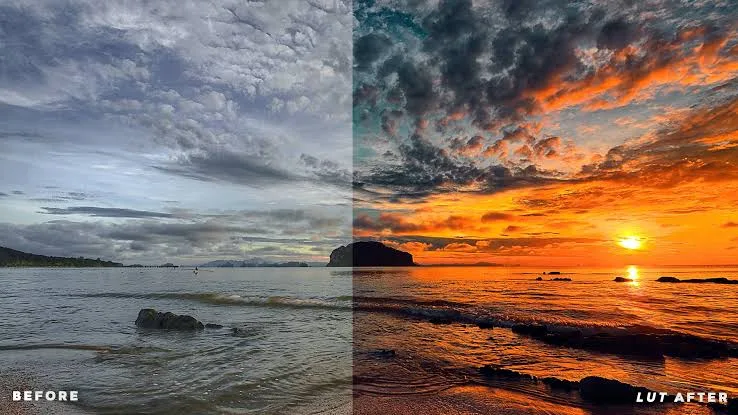 Landscape photo before and after cinematic color grading showing sunset sky transformation