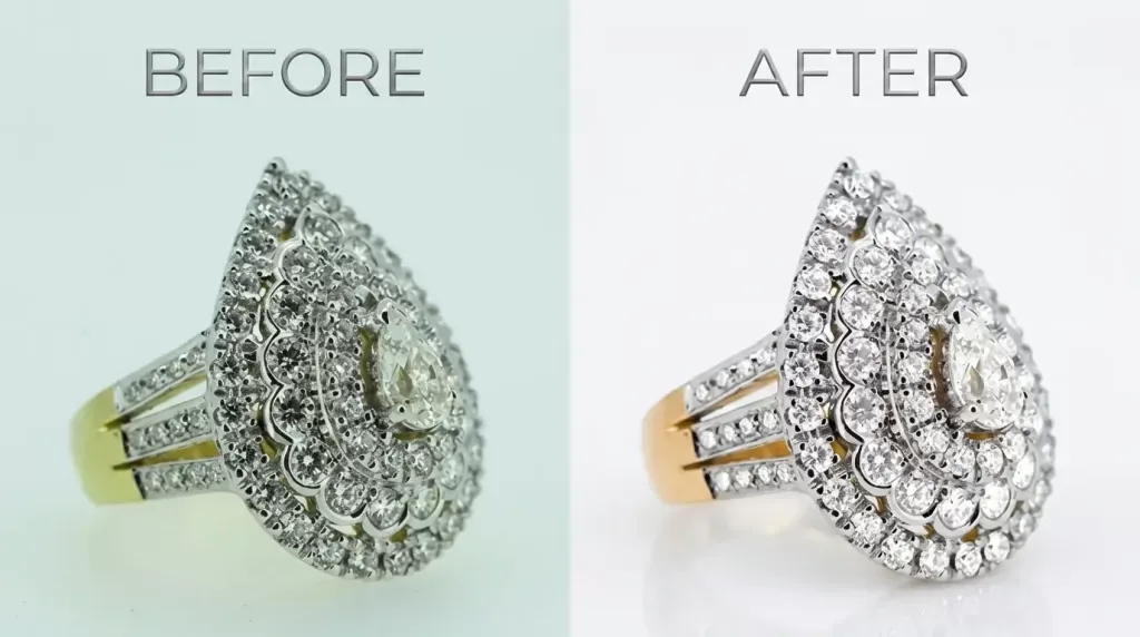 Diamond ring retouching before and after showing brilliance restored