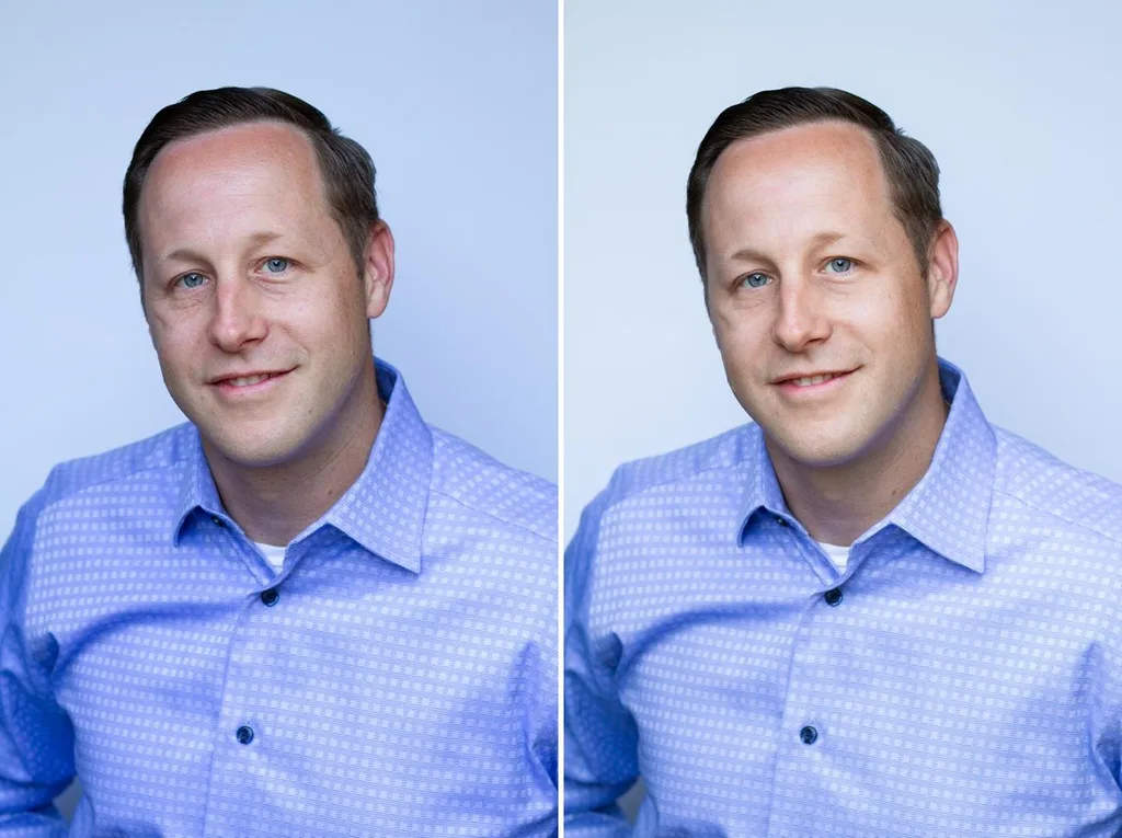 Before and after headshot retouching with natural results