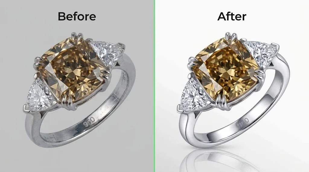 Jewelry retouching before and after showing diamond brilliance restored