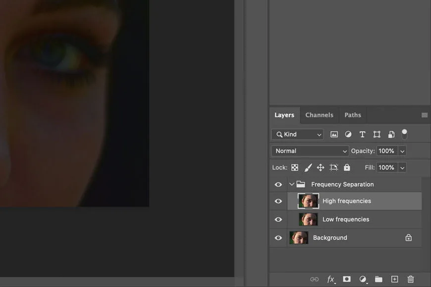 Photoshop layers panel showing frequency separation high and low layers