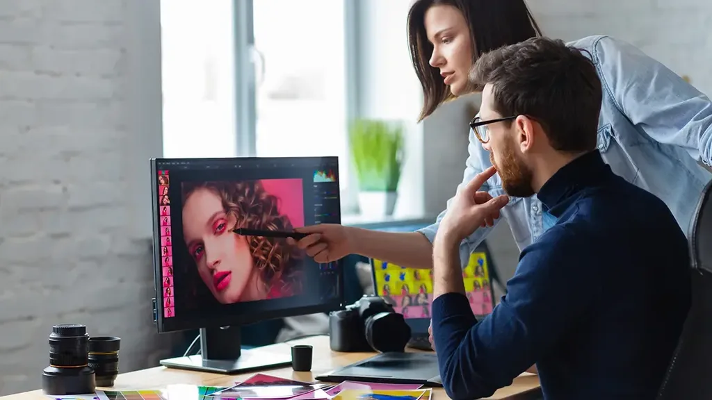 Photo editing workstation with color-accurate monitor and camera gear